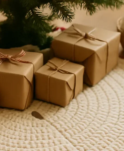 A cream crochet Christmas tree skirt with a red scalloped edge under a decorated tree