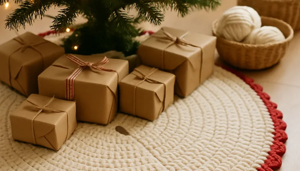 A cream crochet Christmas tree skirt with a red scalloped edge under a decorated tree