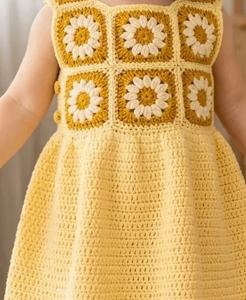 A buttercup yellow crochet baby dress with a daisy motif yoke worn by a toddler