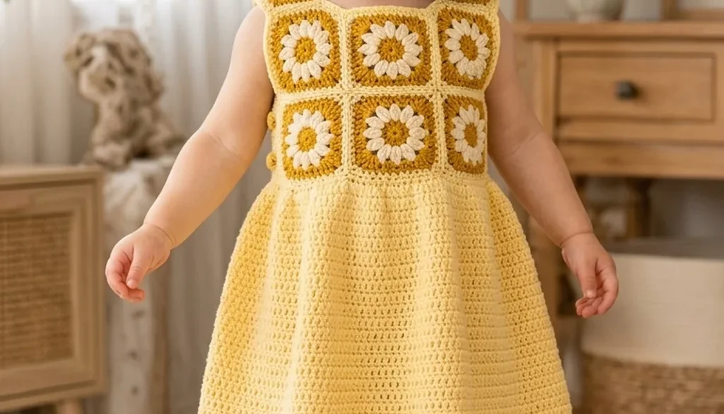 A buttercup yellow crochet baby dress with a daisy motif yoke worn by a toddler