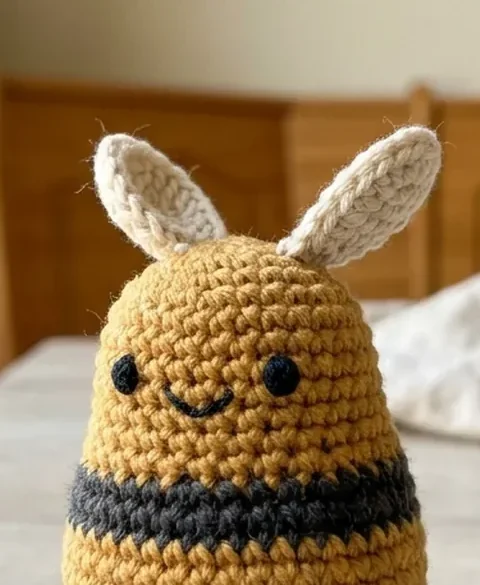 A honey gold crochet amigurumi bumblebee with charcoal stripes and cream wings