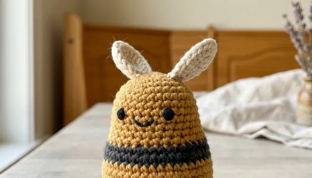 A honey gold crochet amigurumi bumblebee with charcoal stripes and cream wings