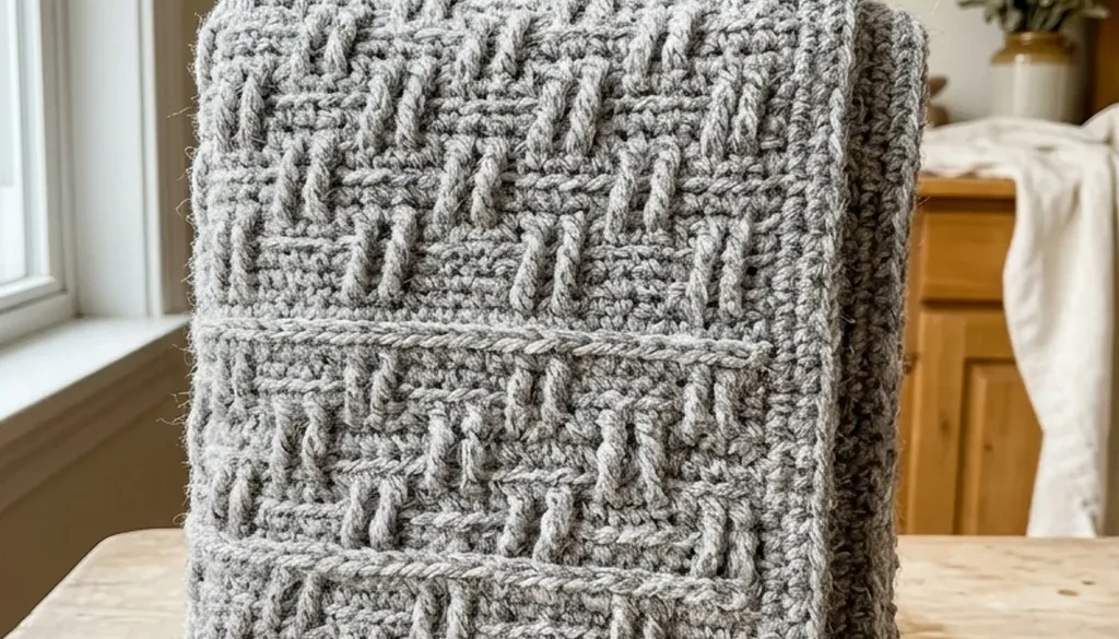 A heather grey crochet blanket worked in the alpine stitch showing raised staggered columns