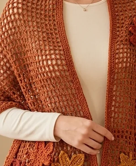 A rust crochet mesh wrap with maple leaf appliques in autumn colours