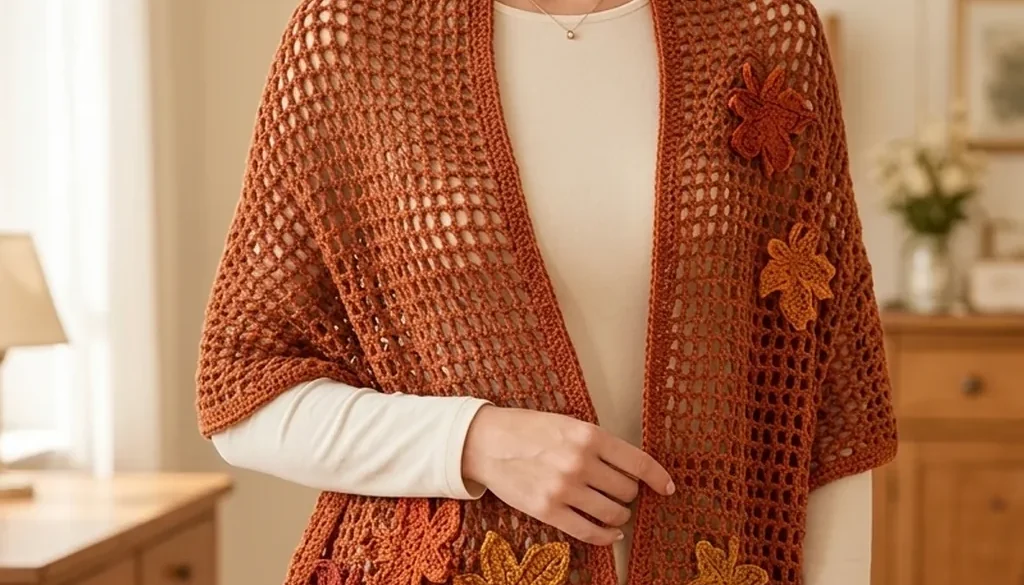 A rust crochet mesh wrap with maple leaf appliques in autumn colours