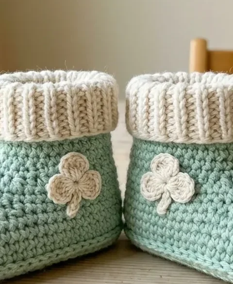 A pair of mint green crochet baby booties with cream cuffs and clover motifs