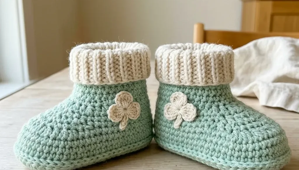 A pair of mint green crochet baby booties with cream cuffs and clover motifs