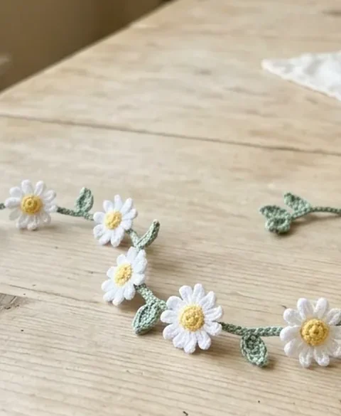 A crochet daisy hair vine with white flowers and sage leaves on a fine green chain