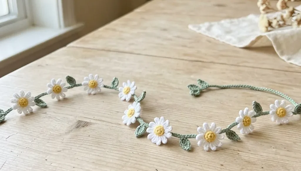 A crochet daisy hair vine with white flowers and sage leaves on a fine green chain