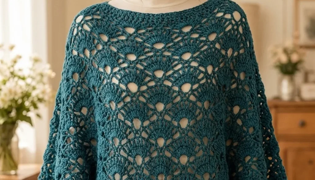 A deep teal crochet poncho worked in an open peacock fan lace stitch