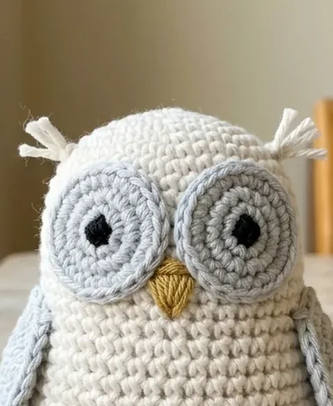 A white crochet amigurumi snow owl with grey eye discs and a gold beak