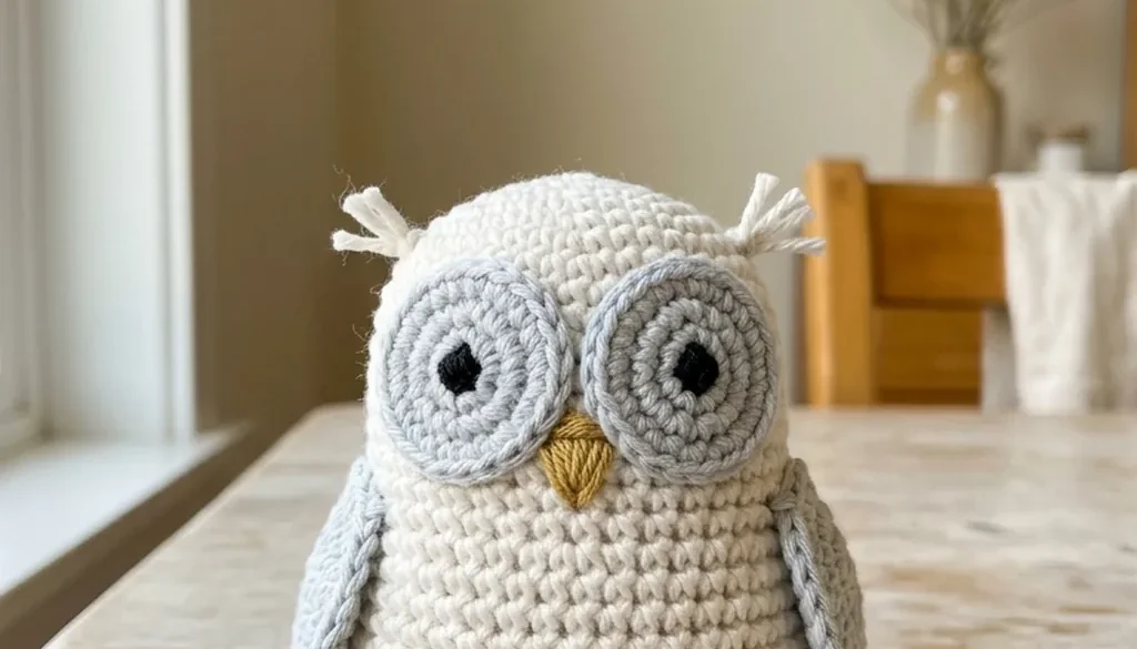 A white crochet amigurumi snow owl with grey eye discs and a gold beak