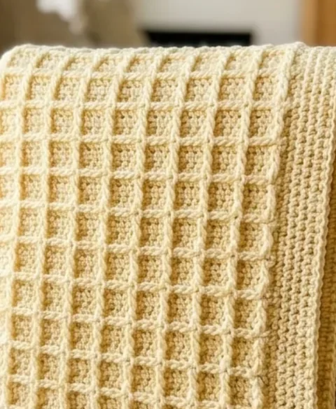 A pale buttercream crochet baby blanket in a raised honeycomb waffle texture