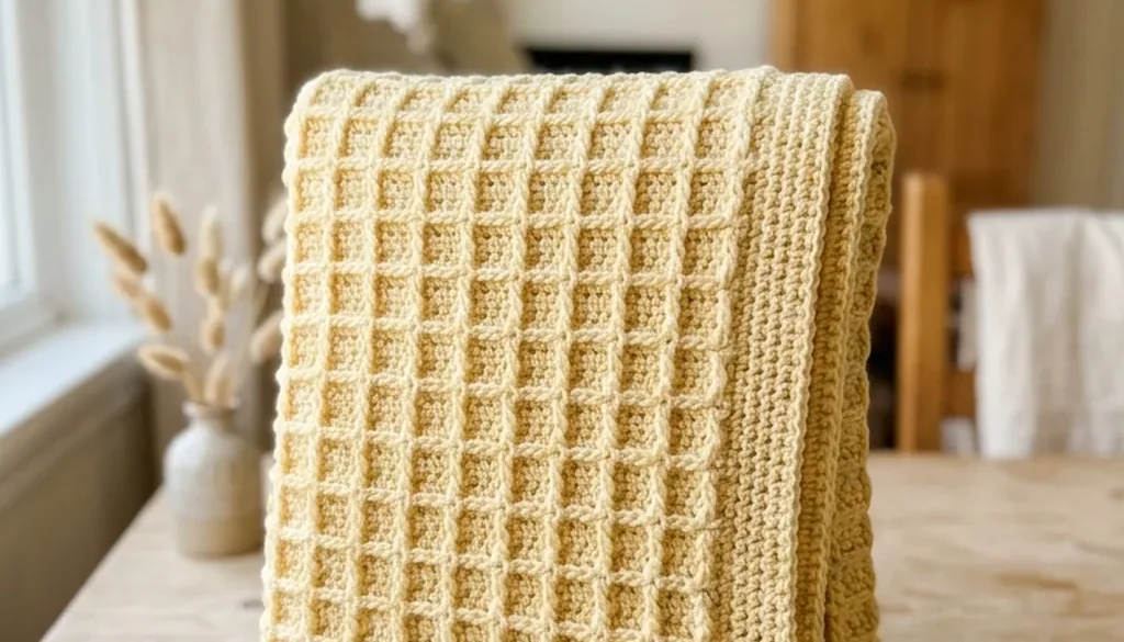 A pale buttercream crochet baby blanket in a raised honeycomb waffle texture