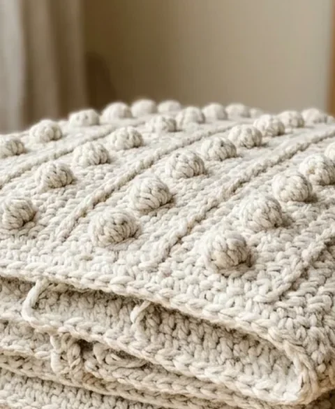 An oatmeal crochet cushion worked in a raised bobble stitch texture