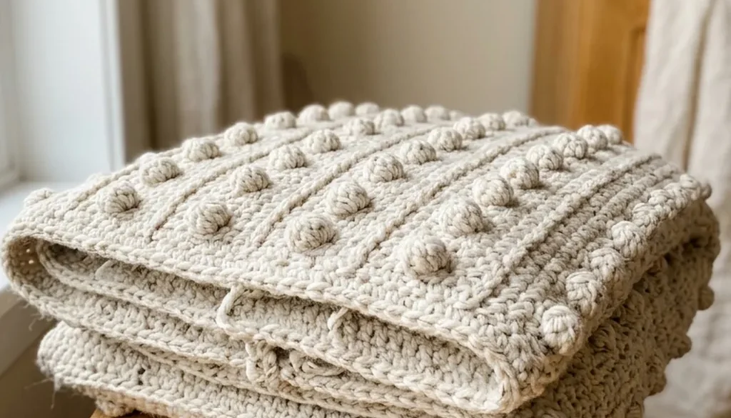 An oatmeal crochet cushion worked in a raised bobble stitch texture