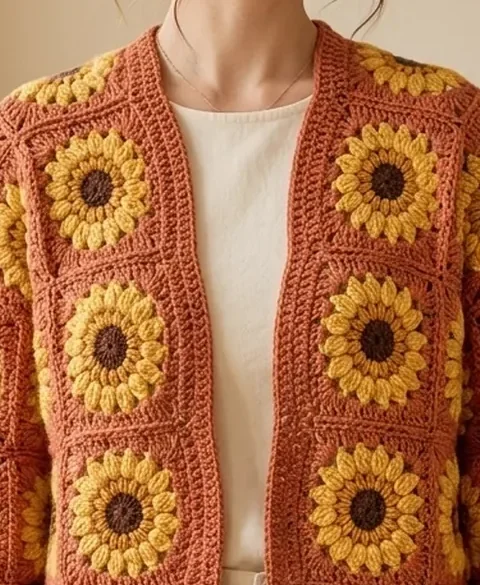 A terracotta crochet cardigan made of joined sunflower granny squares