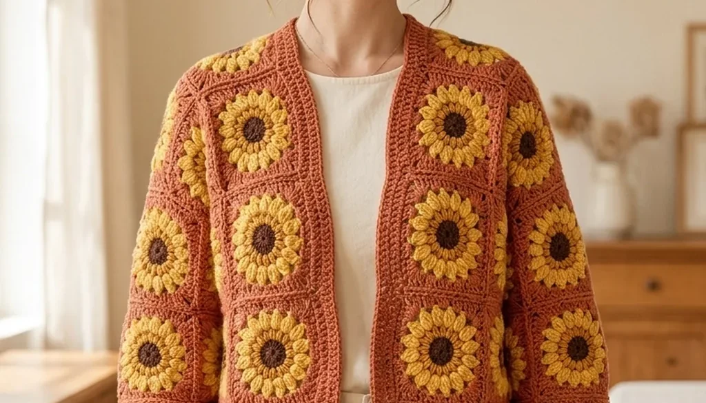 A terracotta crochet cardigan made of joined sunflower granny squares