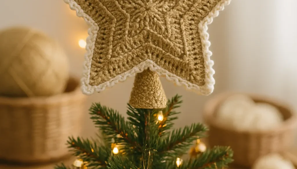 A gold crochet star tree topper on a lit Christmas tree