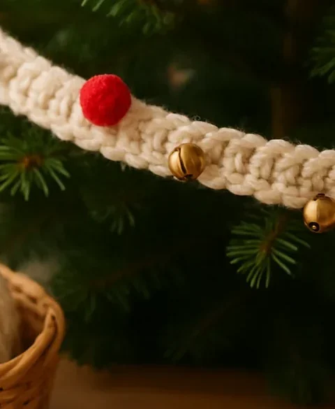 A chunky cream crochet Christmas garland with red pom-poms on a fir tree
