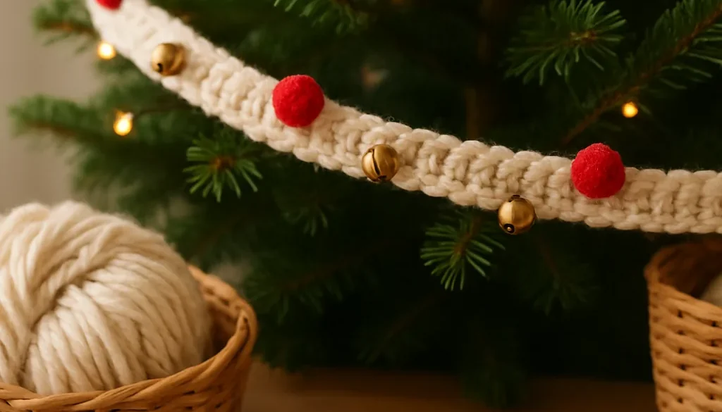 A chunky cream crochet Christmas garland with red pom-poms on a fir tree