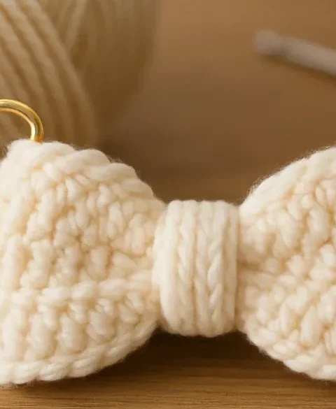 A cream crochet bow keychain on a gold ring beside a ball of yarn