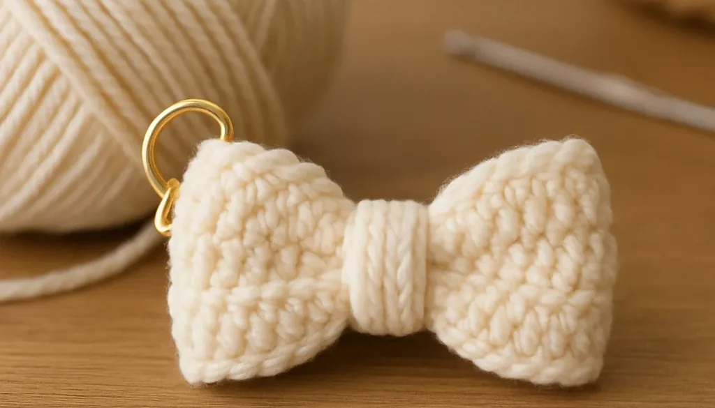A cream crochet bow keychain on a gold ring beside a ball of yarn