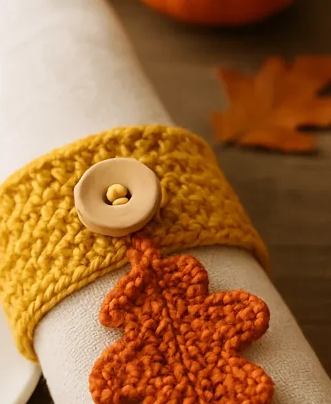 A mustard crochet Thanksgiving napkin ring with a wooden button and an orange oak leaf on a rolled cream napkin