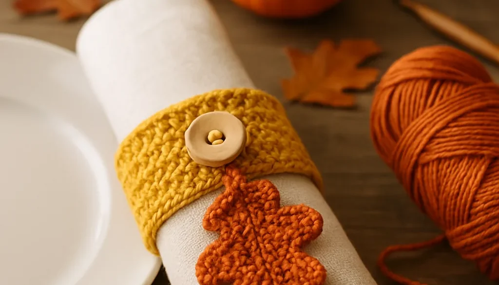 A mustard crochet Thanksgiving napkin ring with a wooden button and an orange oak leaf on a rolled cream napkin