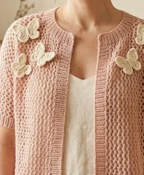 A blush crochet cardigan with cream butterfly appliques worn in a sunlit garden