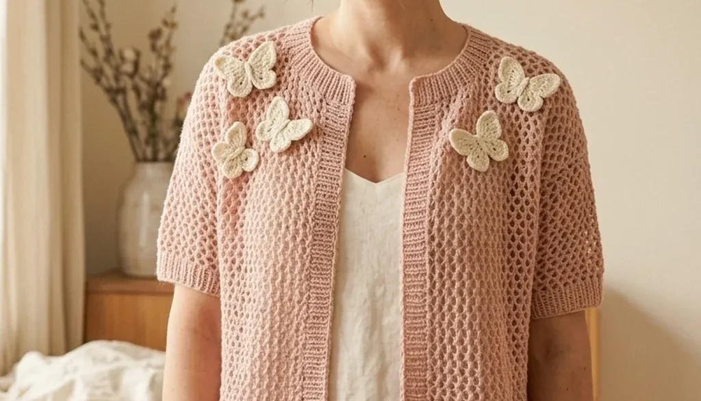 A blush crochet cardigan with cream butterfly appliques worn in a sunlit garden