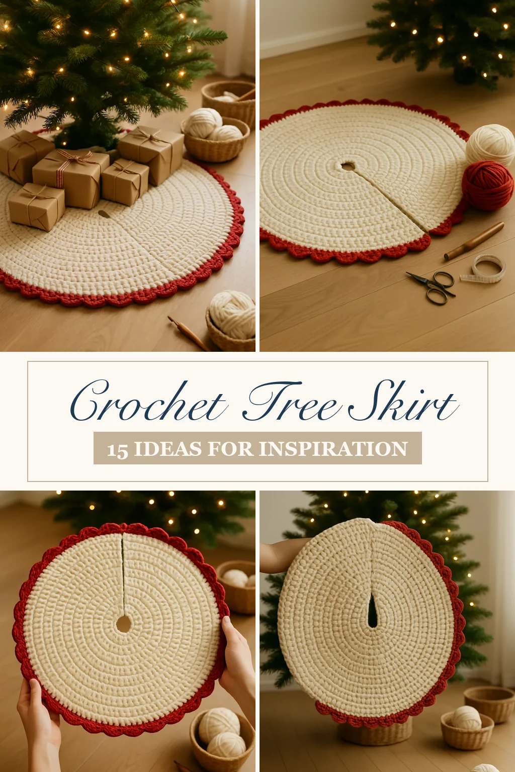 Crochet Christmas tree skirt ideas in cream and red