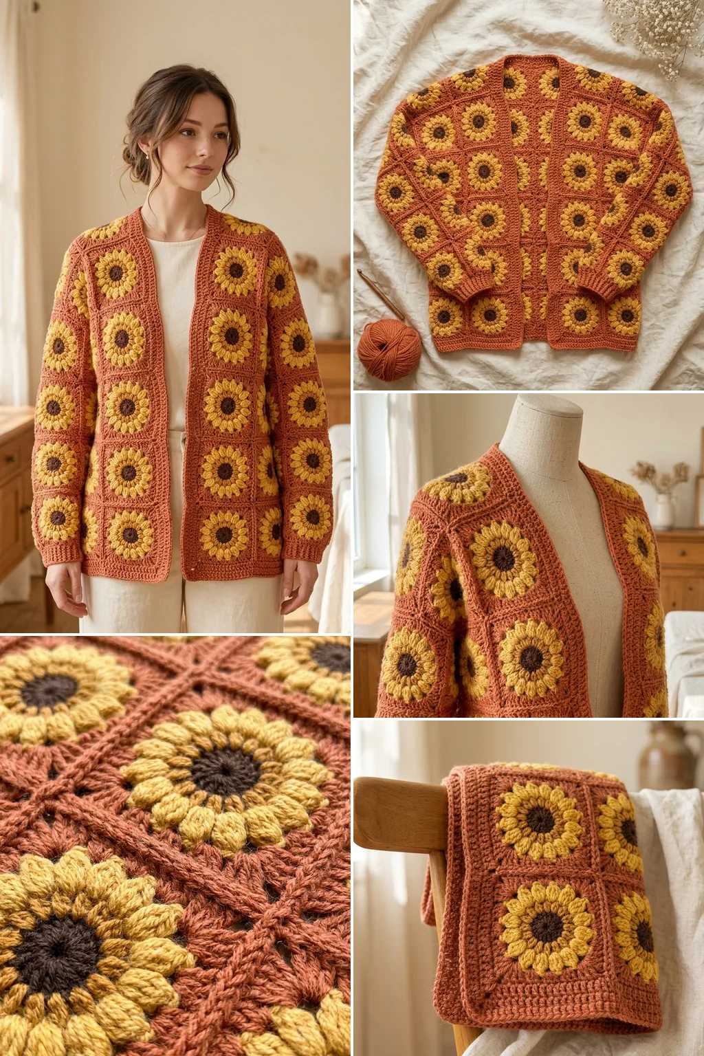 Terracotta sunflower cardigan crochet pattern