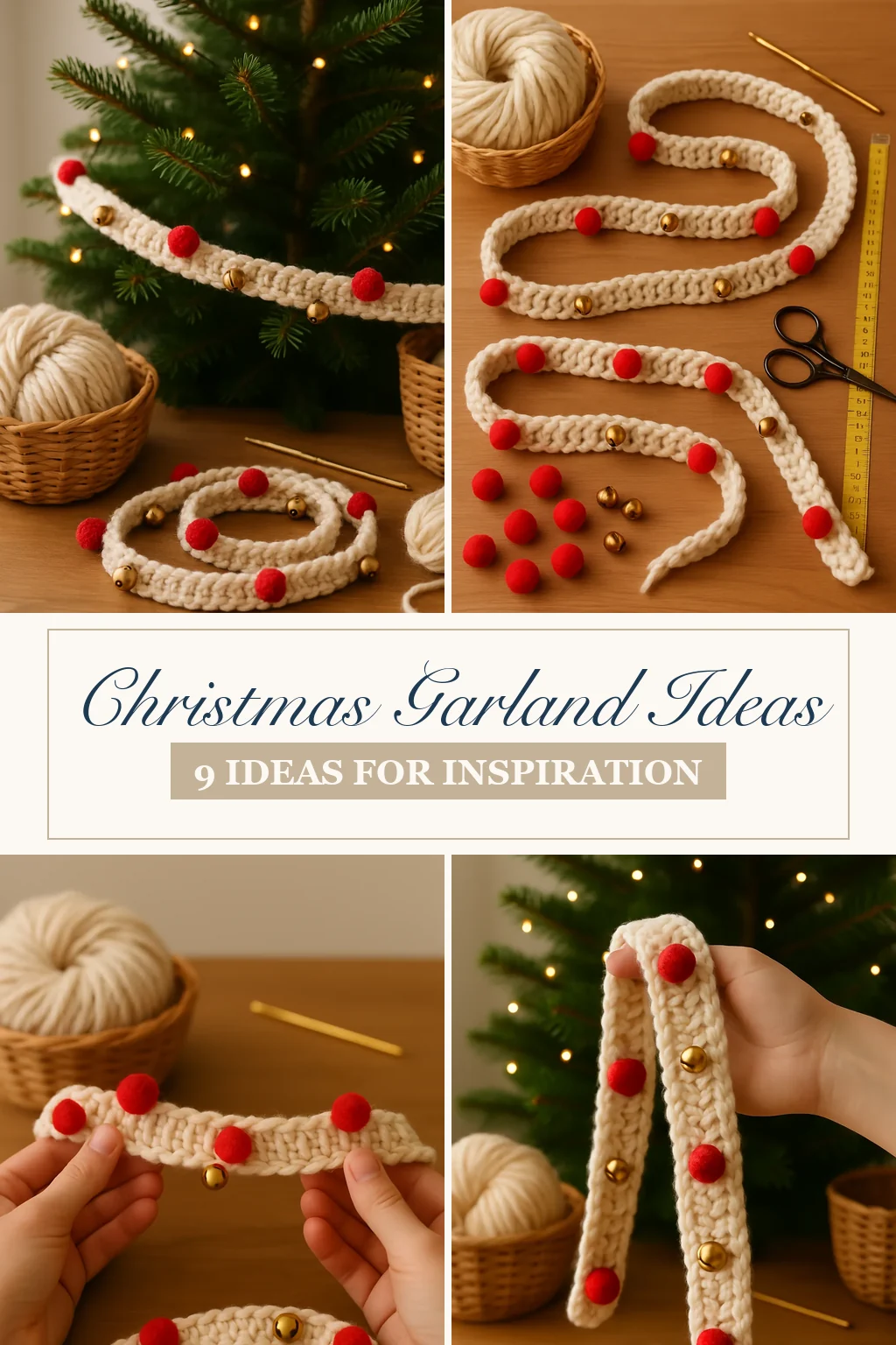 Crochet Christmas garland ideas with red pom-poms and bells