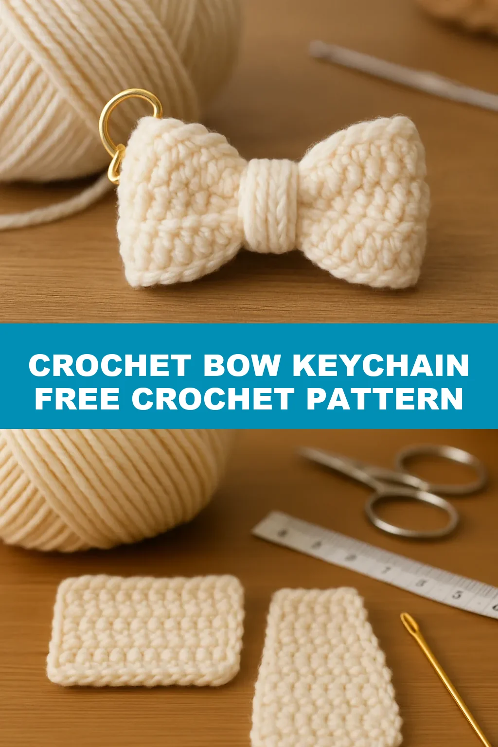 Crochet bow keychain in cream worsted yarn
