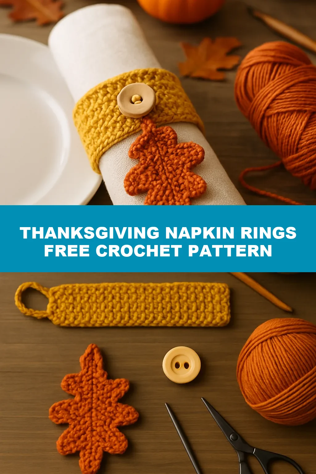 Crochet Thanksgiving napkin rings with an orange oak leaf, shown finished and as separate pieces