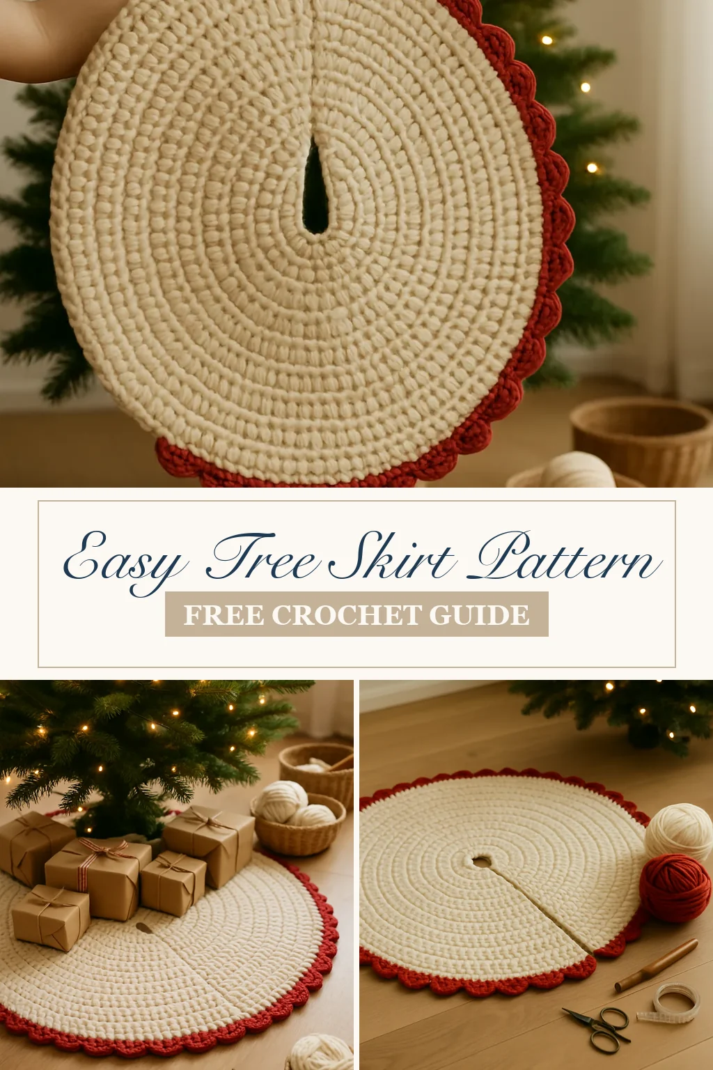 A folded cream crochet tree skirt held in front of a Christmas tree