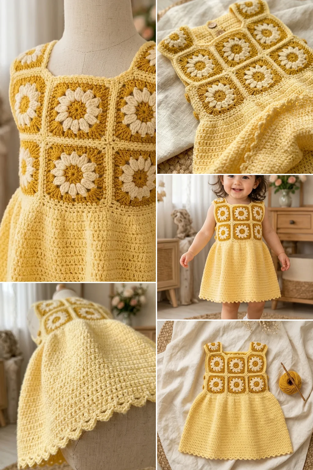 A yellow crochet baby dress with cream daisy squares across the yoke