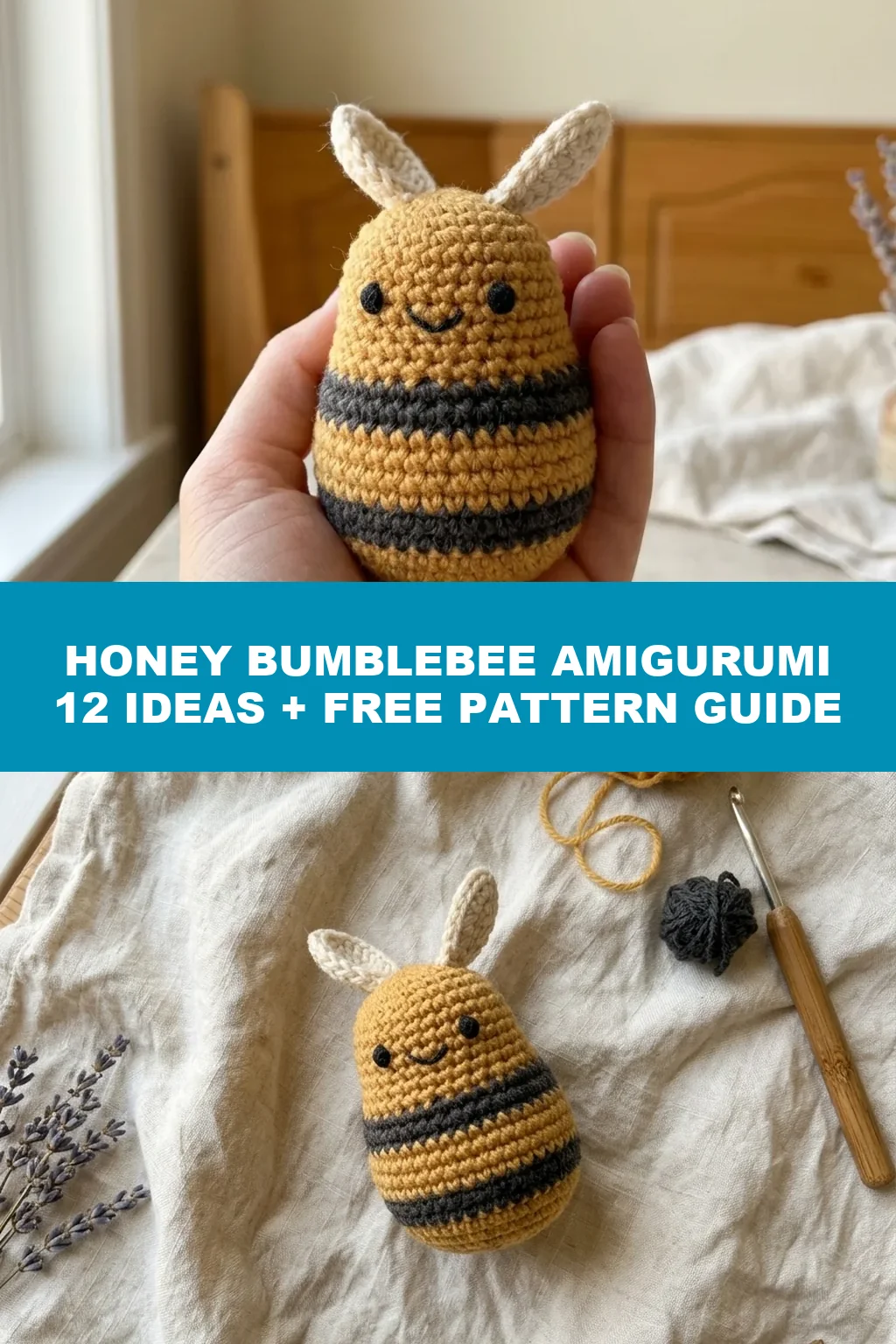 A small crochet bumblebee held in one hand to show its size