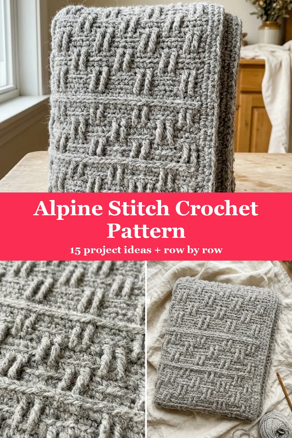Close detail of alpine stitch texture in grey wool