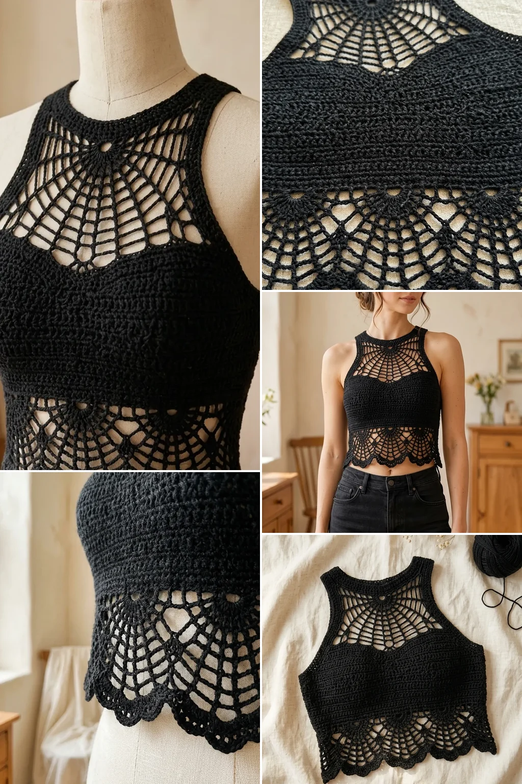 Close detail of the spiderweb lace yoke and scalloped hem on a black crochet top
