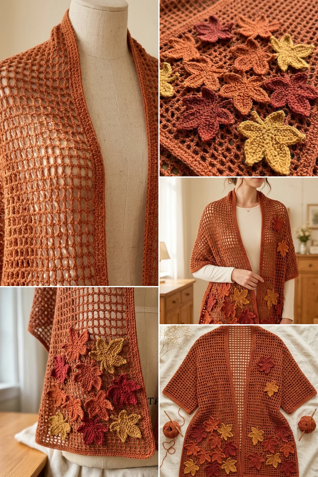 Close detail of crochet maple leaf appliques on an open mesh wrap