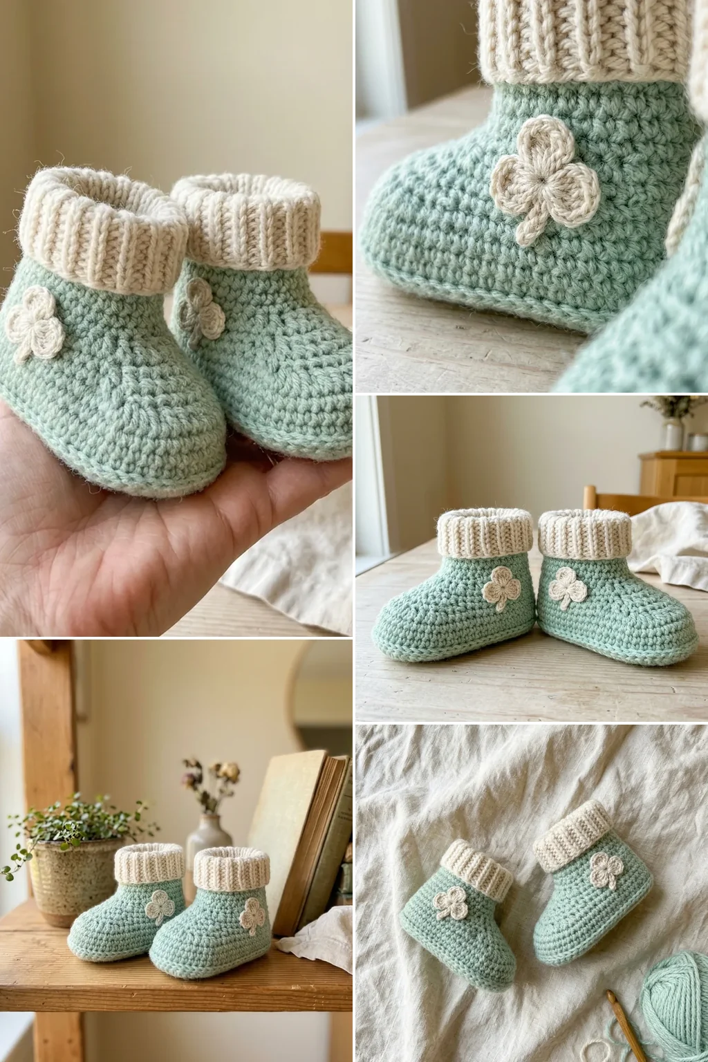 Close detail of a cream crochet clover motif on a mint baby bootie
