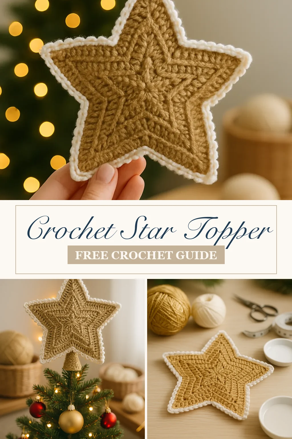 A gold crochet star held in front of a lit Christmas tree