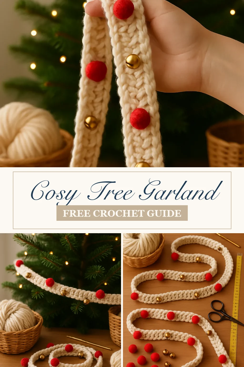 A cream crochet garland held in front of a lit Christmas tree