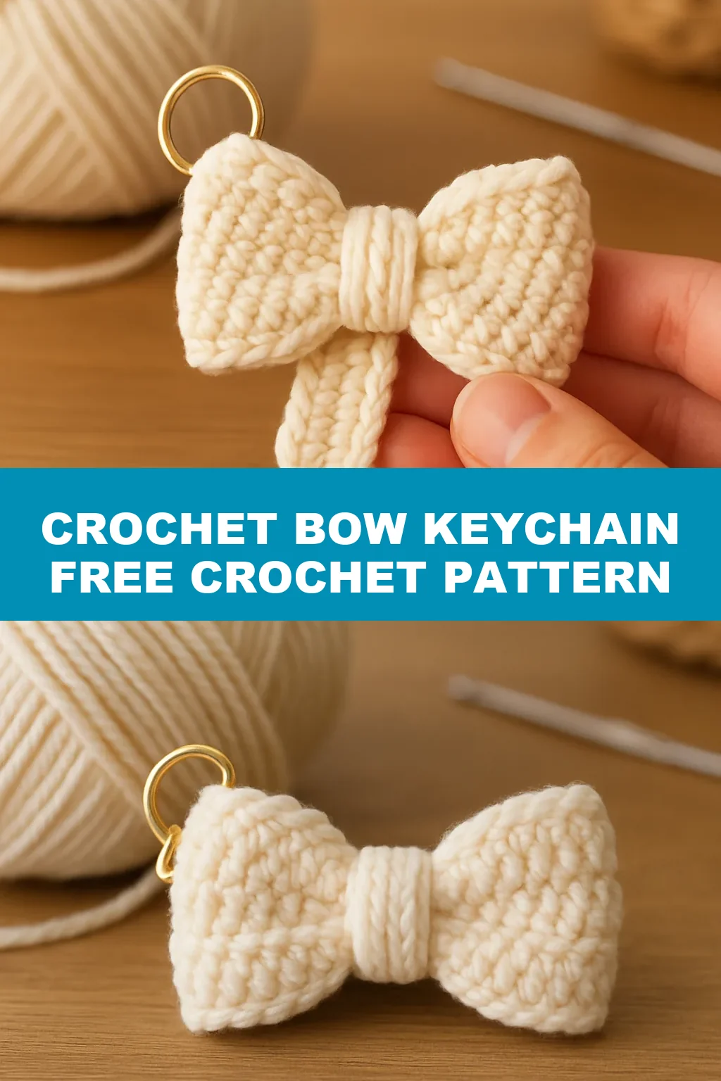Finished crochet bow keychain held by its gold ring