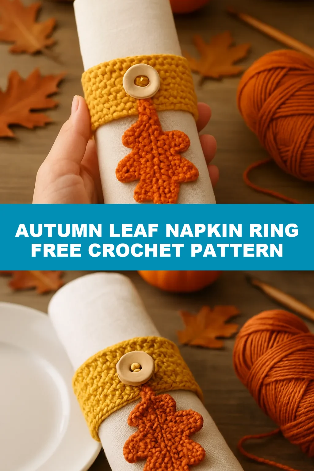 A crochet autumn leaf napkin ring held in one hand over a Thanksgiving table