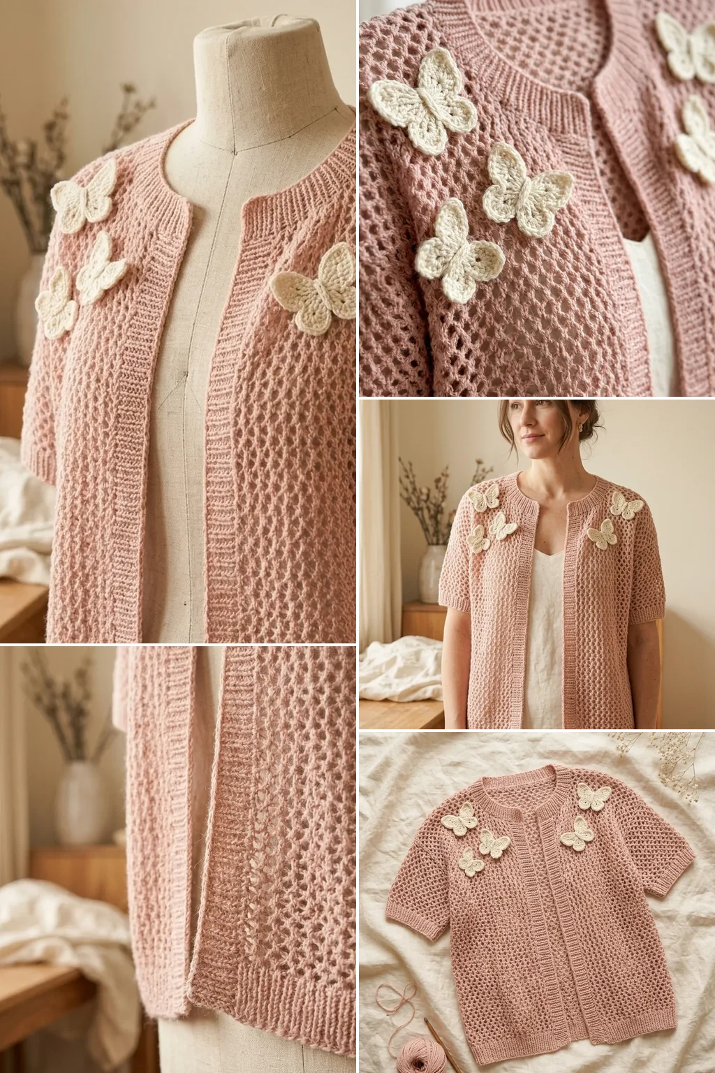 A blush crochet butterfly cardigan worn open over a cream top