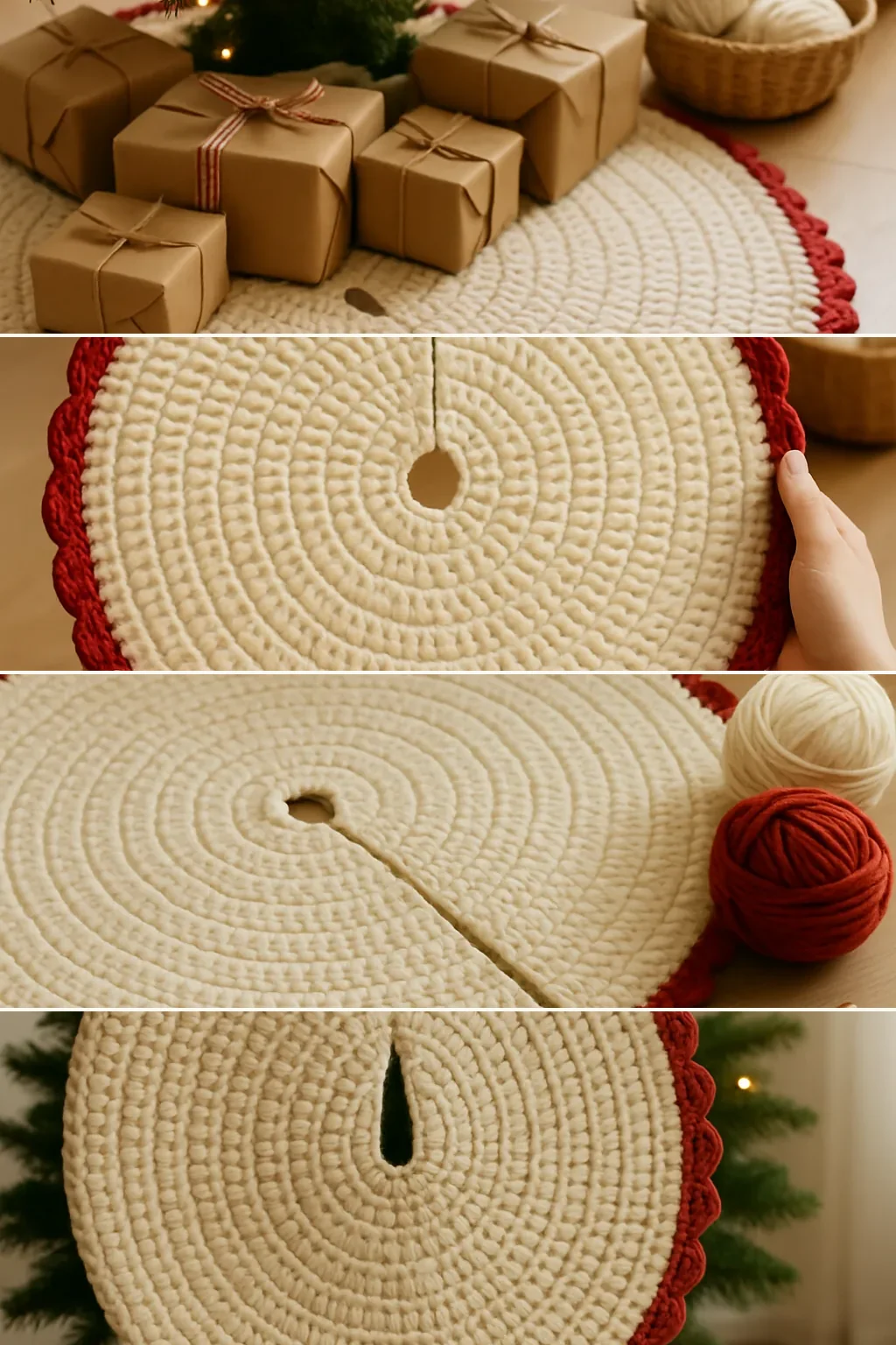 Four steps of making a crochet Christmas tree skirt