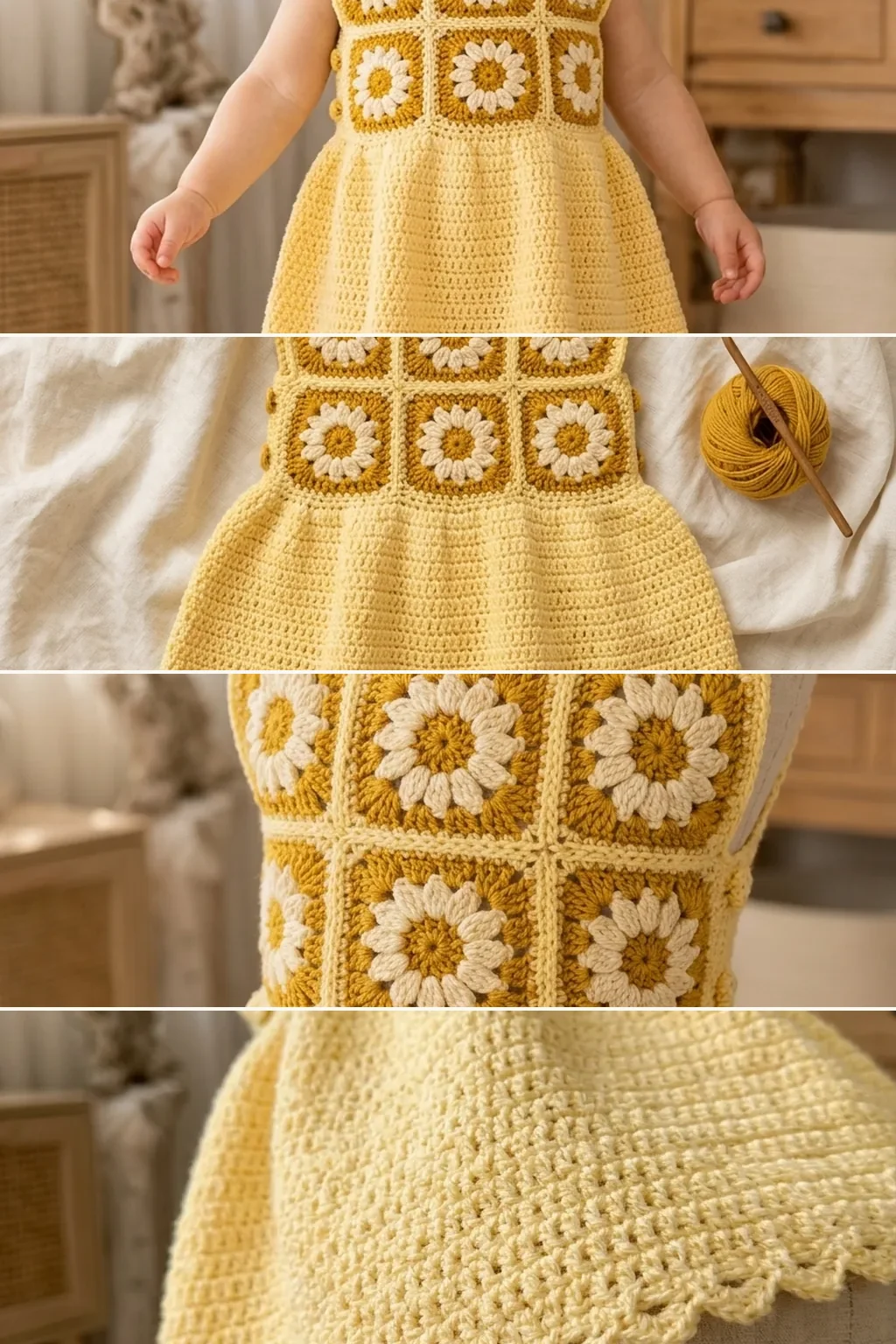 Four views of a crochet daisy yoke baby dress